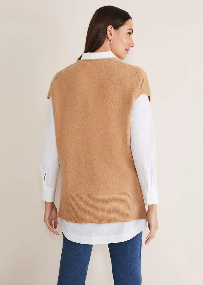 Women Phase Eight Knitwear Safin V Neck Wool Blend Knitted Tabbard Camel