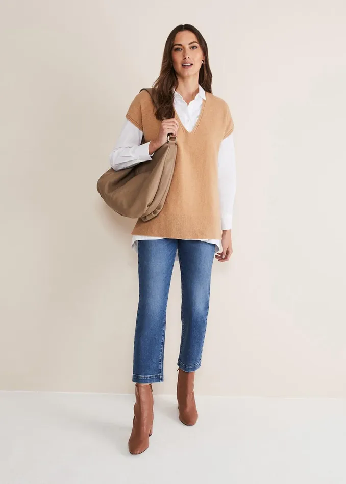 Women Phase Eight Knitwear Safin V Neck Wool Blend Knitted Tabbard Camel