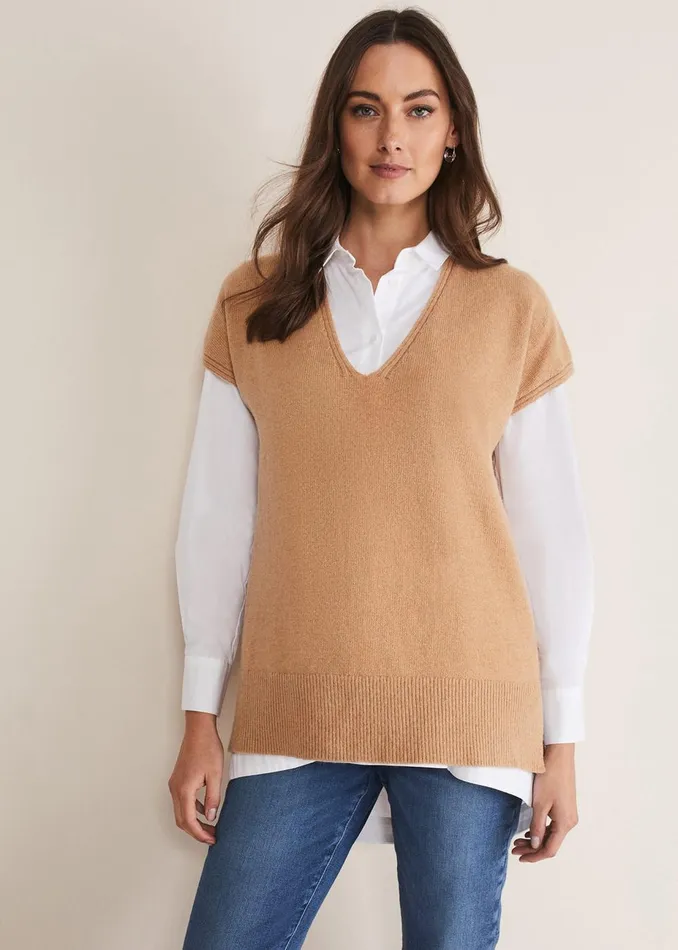 Women Phase Eight Knitwear Safin V Neck Wool Blend Knitted Tabbard Camel