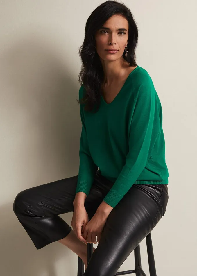 Women Phase Eight Knitwear Senita Fine Knit VNeck Jumper Green