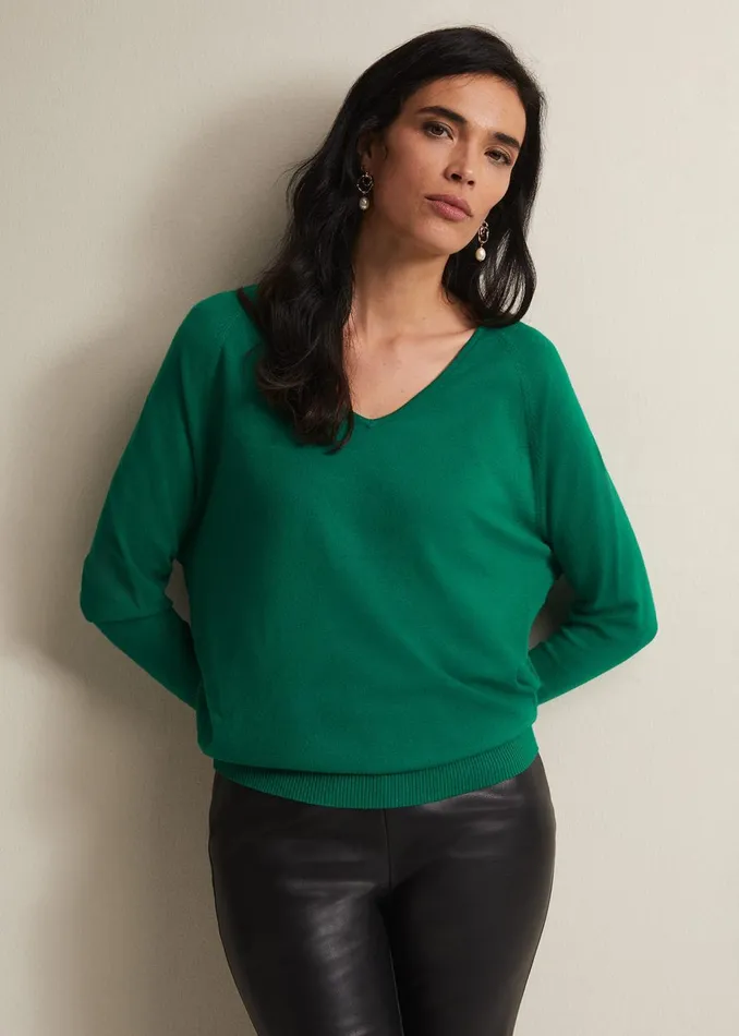 Women Phase Eight Knitwear Senita Fine Knit VNeck Jumper Green