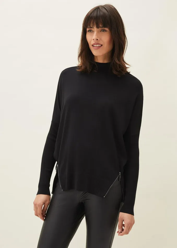 Women Phase Eight Knitwear Skylar Roll Neck Zip Hem Jumper Black