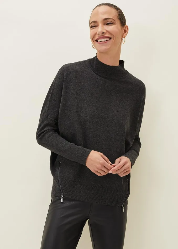 Women Phase Eight Knitwear Skylar Roll Neck Zip Hem Jumper Charcoal