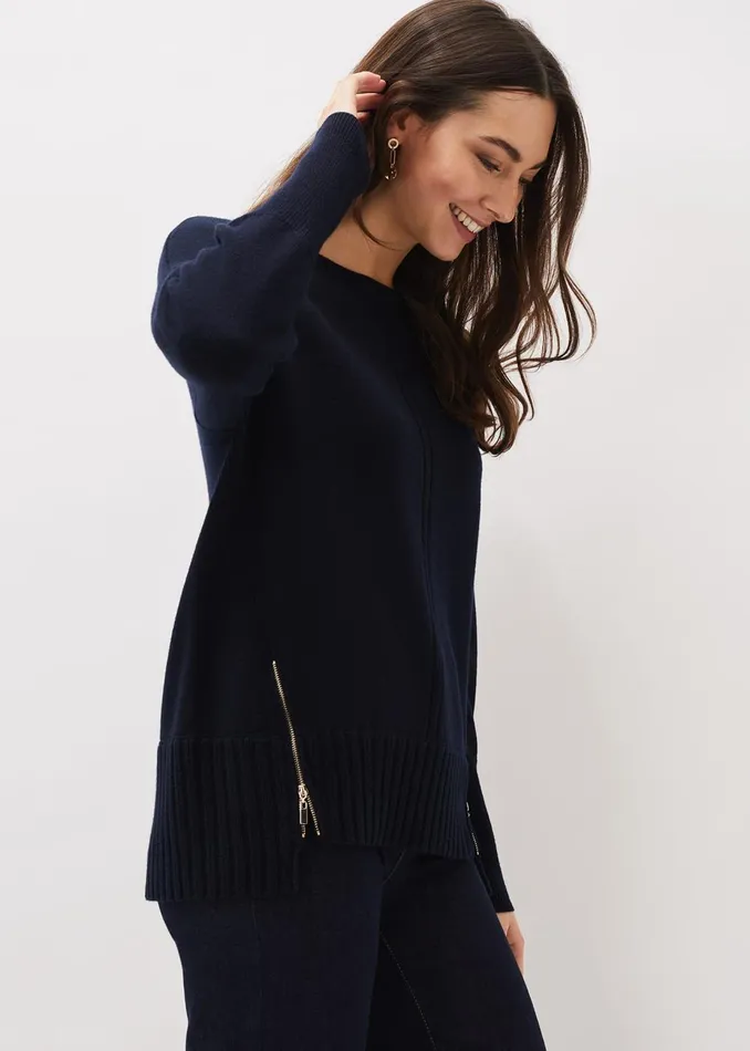 Women Phase Eight Knitwear Steph Zip Detail Wool Blend Jumper Navy