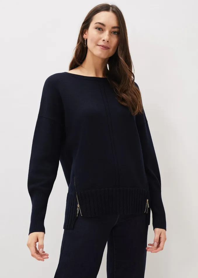 Women Phase Eight Knitwear Steph Zip Detail Wool Blend Jumper Navy