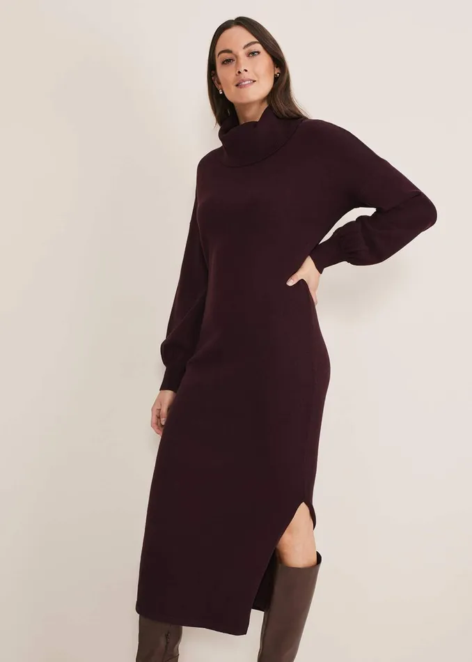 Women Phase Eight Maxi Dresses Aileen Maxi Roll Neck Knit Dress Burgundy