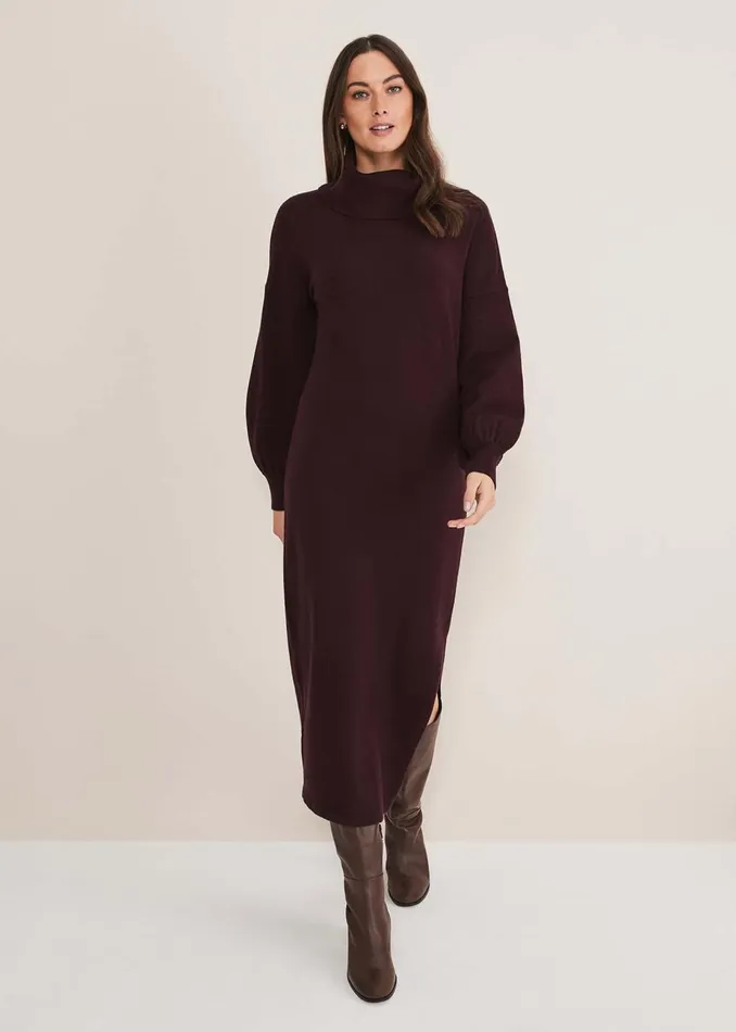 Women Phase Eight Maxi Dresses Aileen Maxi Roll Neck Knit Dress Burgundy