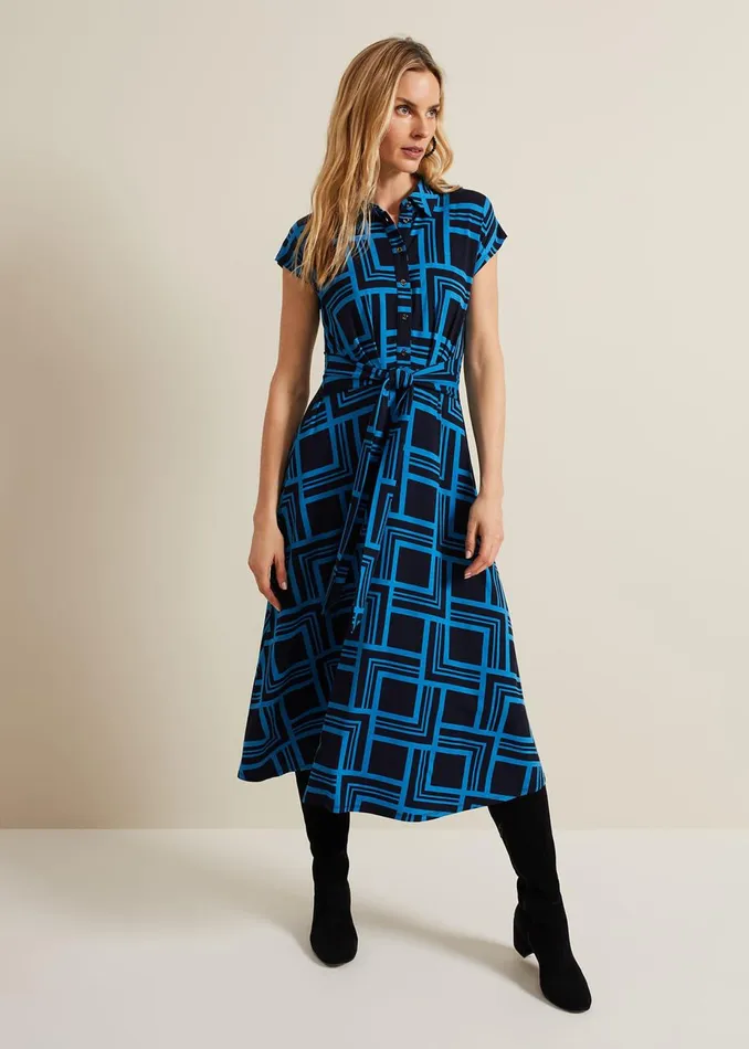 Women Phase Eight Maxi Dresses April Short Sleeve Geo Dress Blue