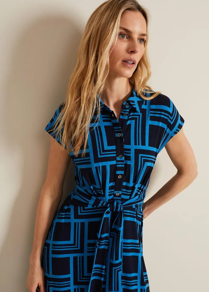 Women Phase Eight Maxi Dresses April Short Sleeve Geo Dress Blue