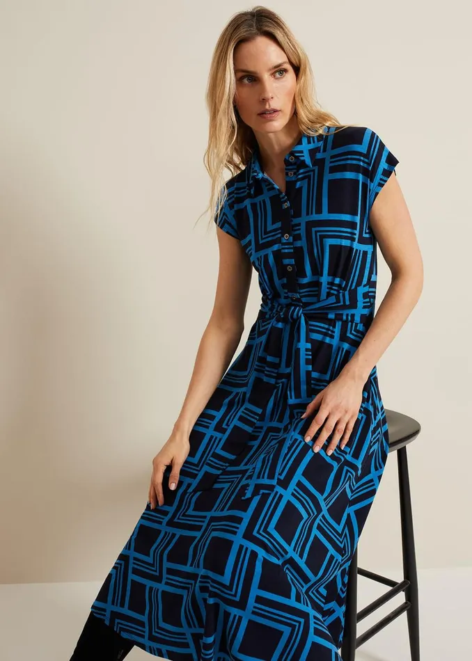 Women Phase Eight Maxi Dresses April Short Sleeve Geo Dress Blue