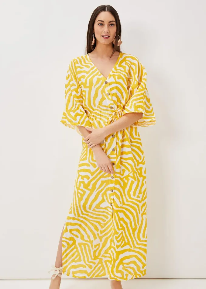 Women Phase Eight Maxi Dresses Dena Linen Zebra Print Maxi Dress Yellowwhite