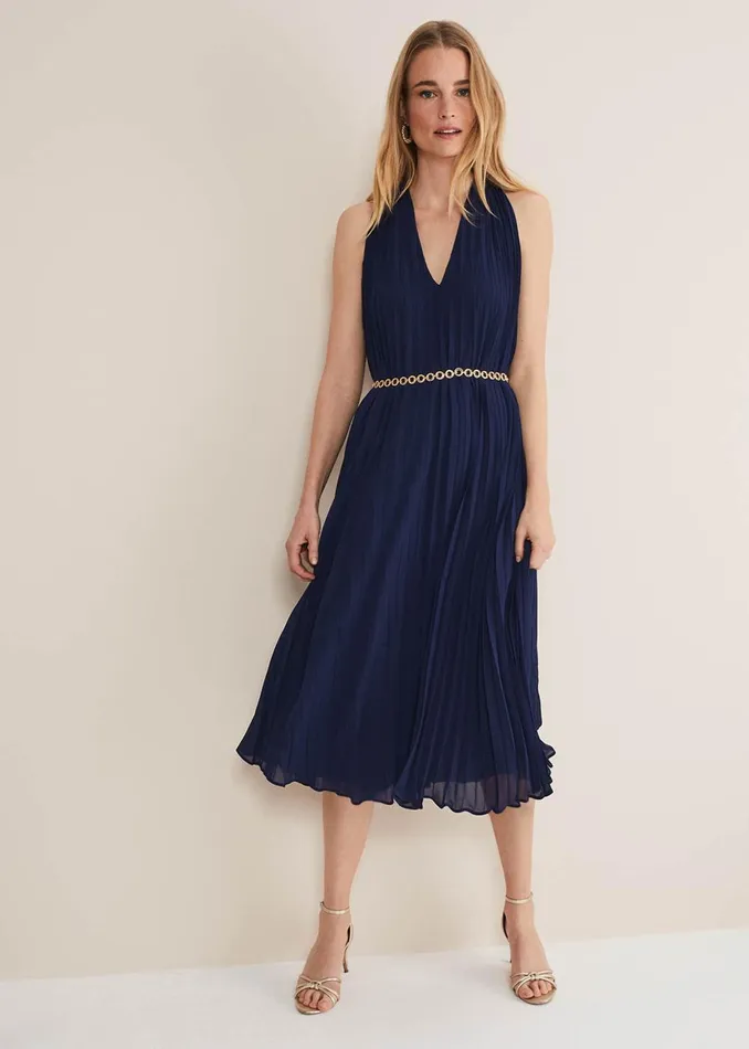 Women Phase Eight Maxi Dresses Tabitha Pleated Midi Dress French Navy