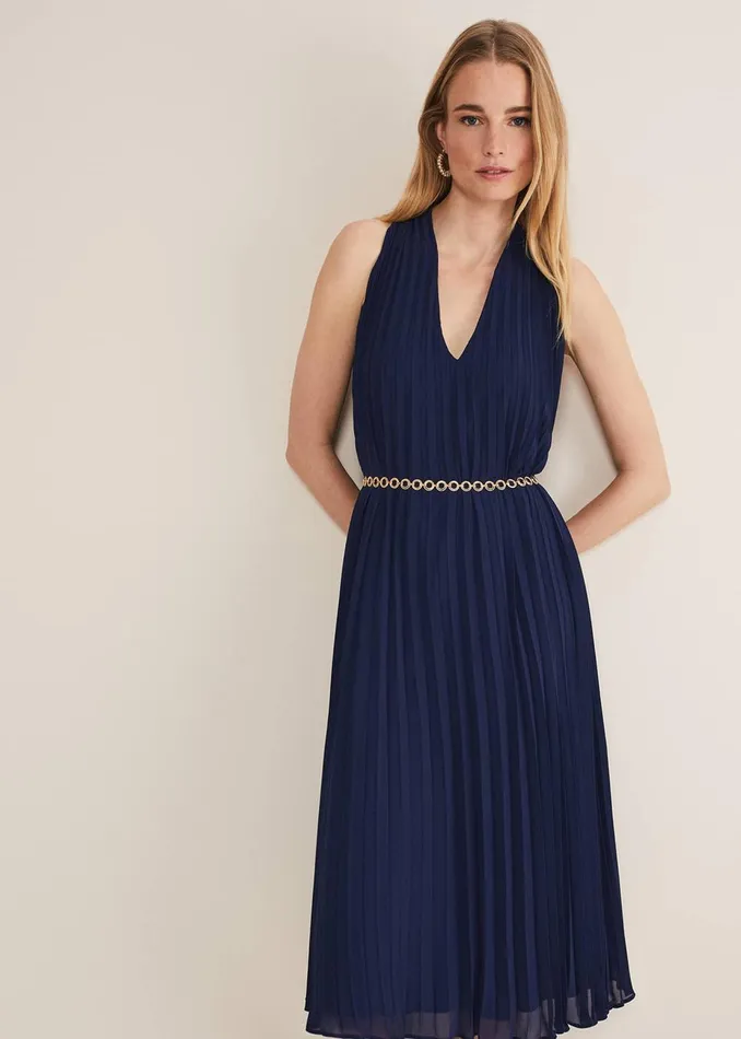 Women Phase Eight Maxi Dresses Tabitha Pleated Midi Dress French Navy
