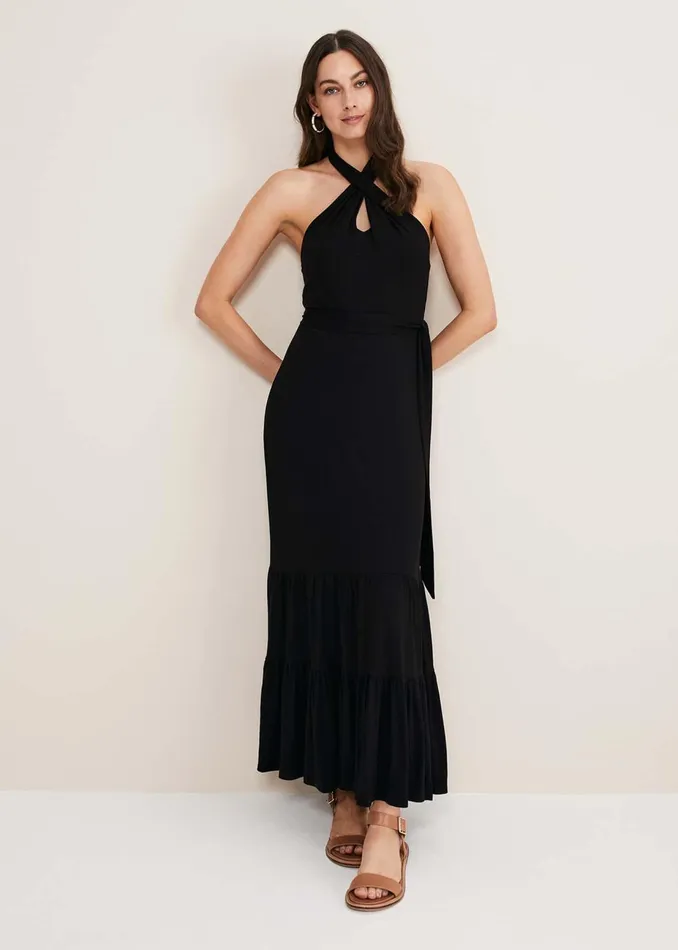 Women Phase Eight Maxi Dresses Valeria Jersey Halter Neck Dress Black