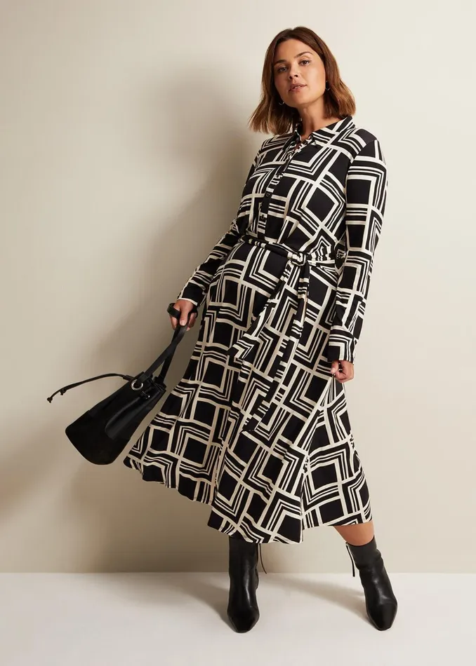 Women Phase Eight Midi Dresses April Geo Midi Dress Blackmulti