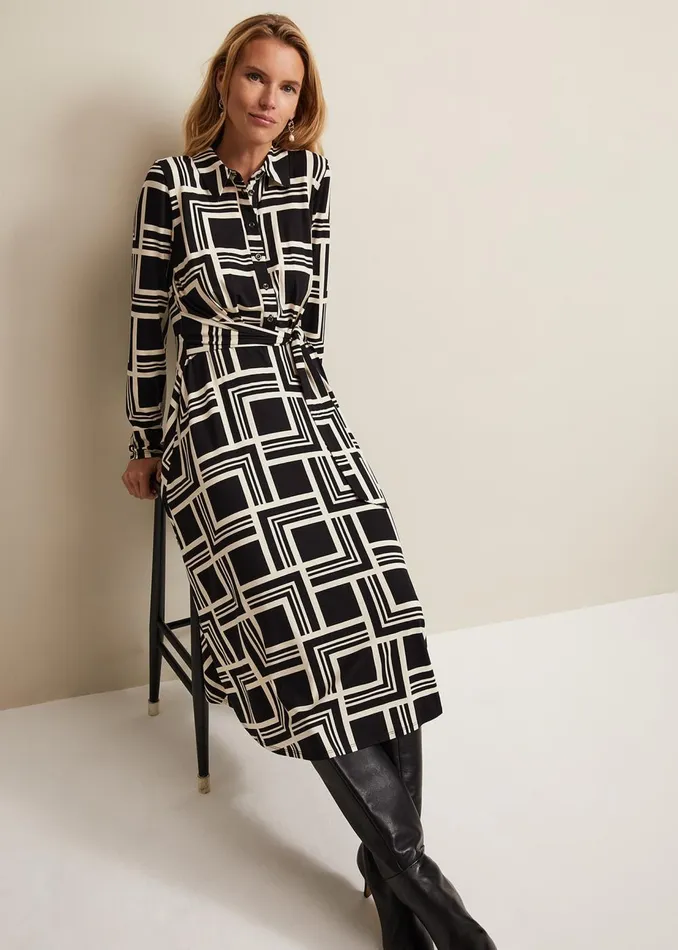 Women Phase Eight Midi Dresses April Geo Midi Dress Blackmulti