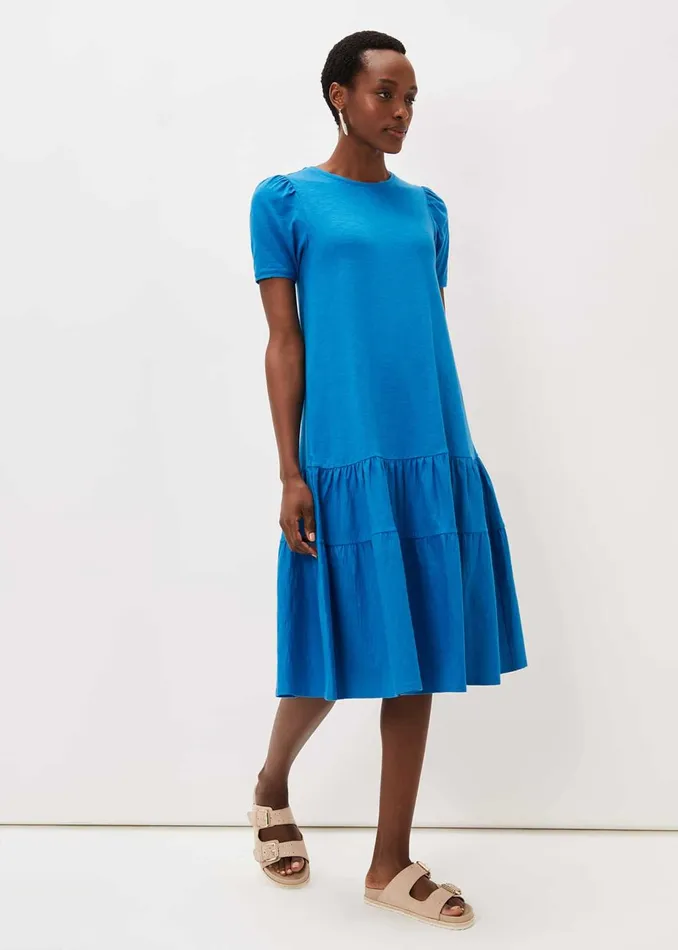 Women Phase Eight Midi Dresses Elizabeth Tiered Round Neck Midi Dress Ocean
