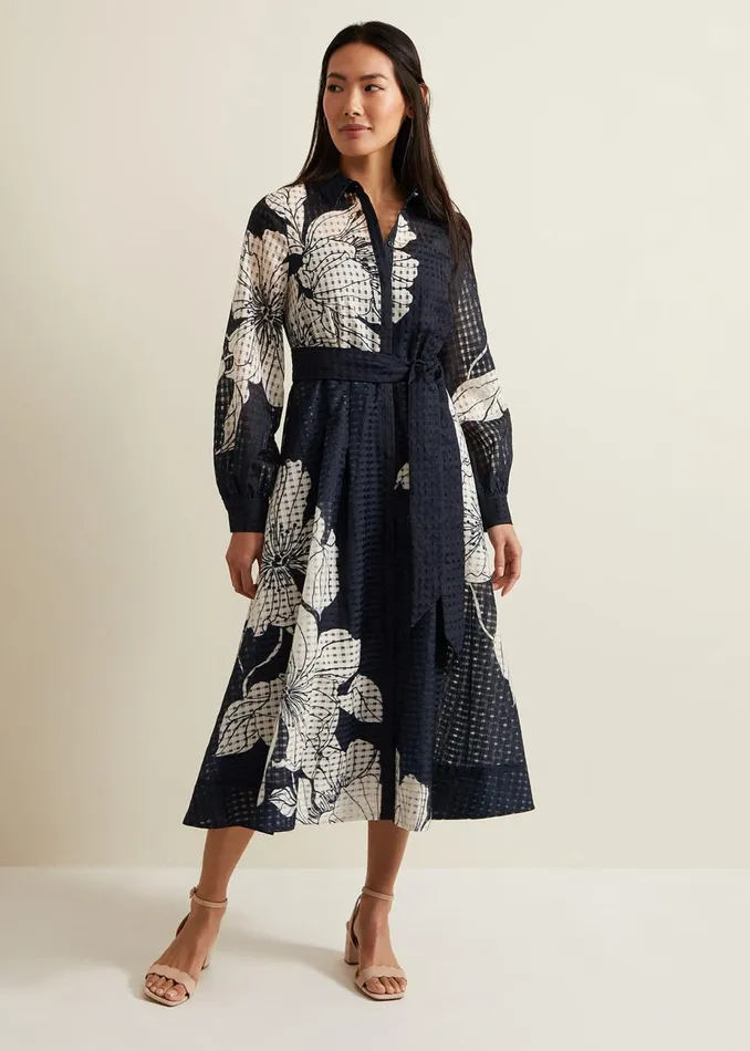 Women Phase Eight Midi Dresses Natalie Navy Floral Shirt Midi Dress Navyivory