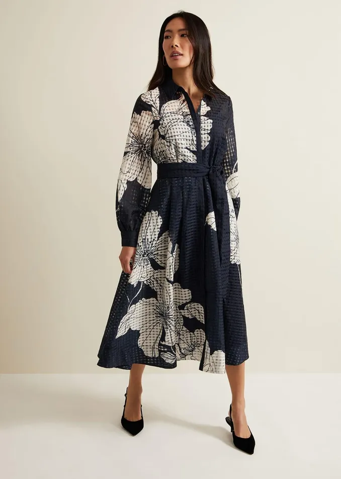 Women Phase Eight Midi Dresses Natalie Navy Floral Shirt Midi Dress Navyivory