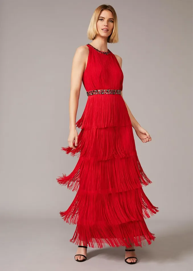 Women Phase Eight Occasion Dresses Albertina Fringe Maxi Dress Scarlet