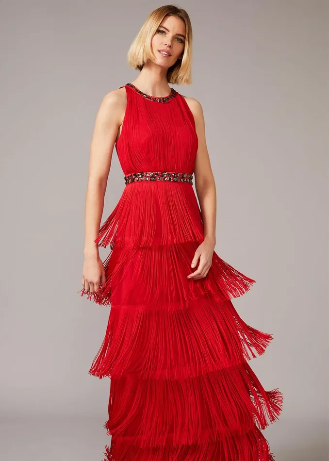 Women Phase Eight Occasion Dresses Albertina Fringe Maxi Dress Scarlet