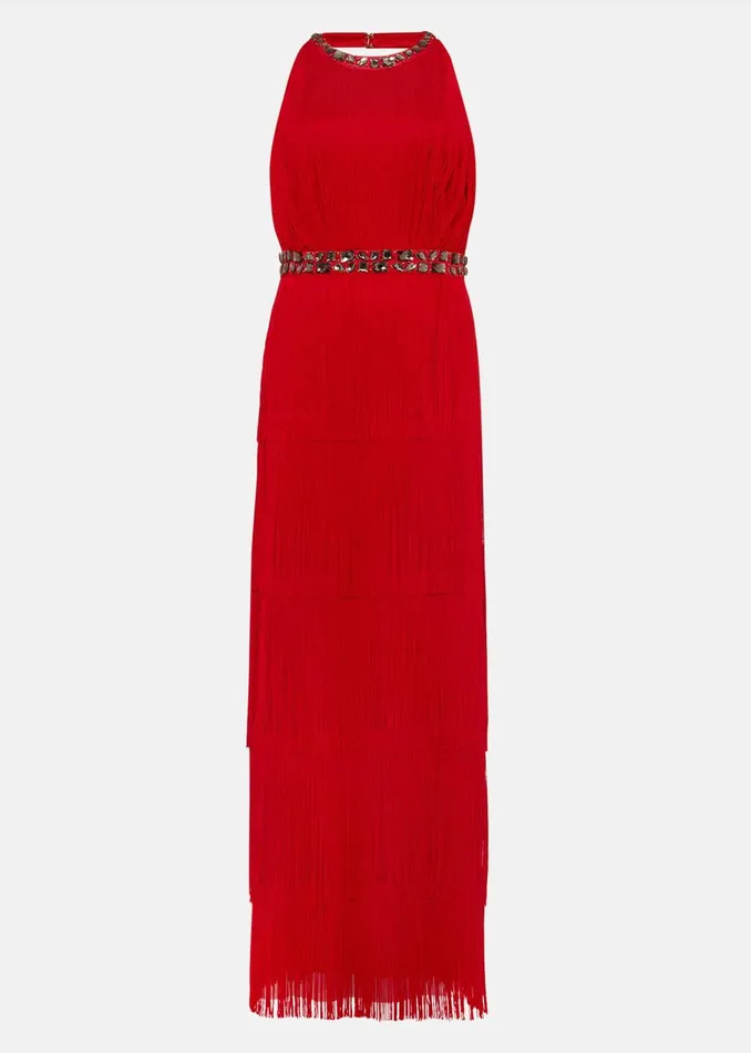 Women Phase Eight Occasion Dresses Albertina Fringe Maxi Dress Scarlet