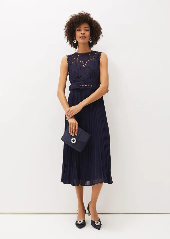 Women Phase Eight Occasion Dresses Amora Lace Bodice Pleated Dress Navy