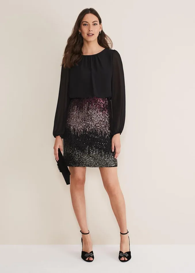 Women Phase Eight Occasion Dresses Angel Chiffon Sequin Dress Blackmulti