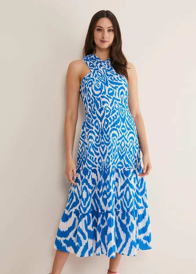 Women Phase Eight Occasion Dresses Bella Cross Neck Print Midi Dress Azure Bluecream
