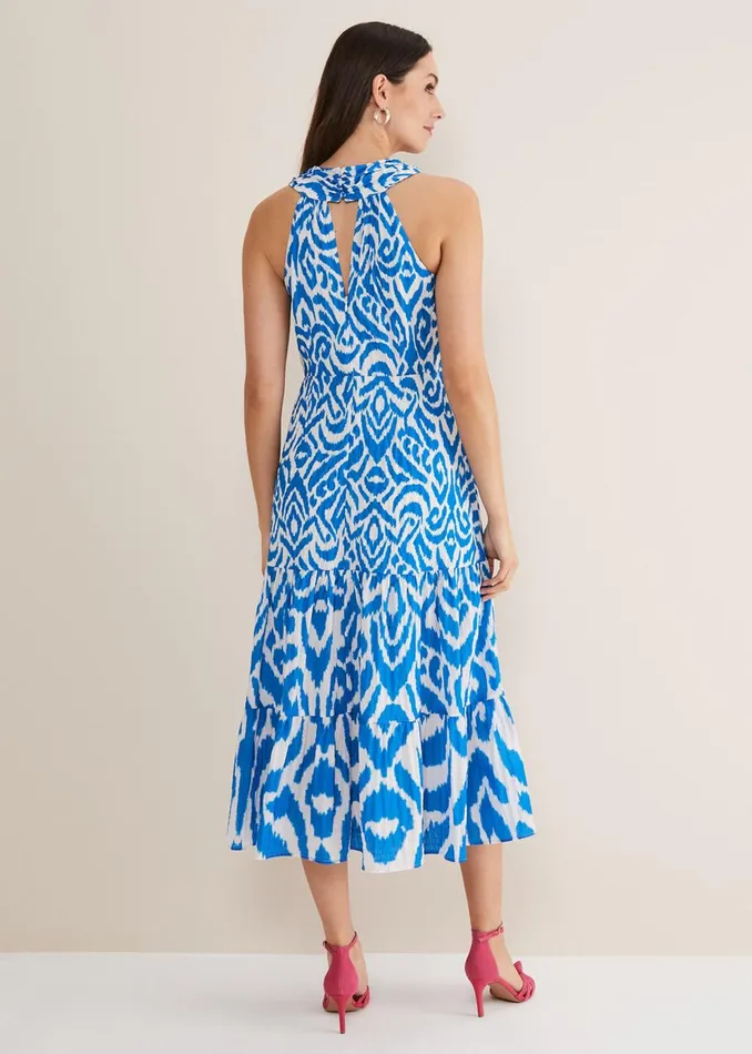 Women Phase Eight Occasion Dresses Bella Cross Neck Print Midi Dress Azure Bluecream