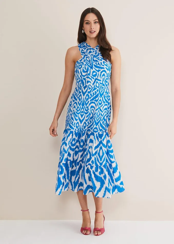 Women Phase Eight Occasion Dresses Bella Cross Neck Print Midi Dress Azure Bluecream