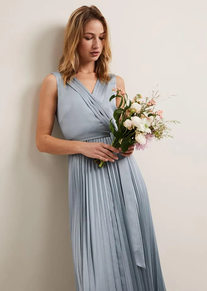 Women Phase Eight Occasion Dresses Bonnie Pleat Wrap Satin Maxi Dress Light Green