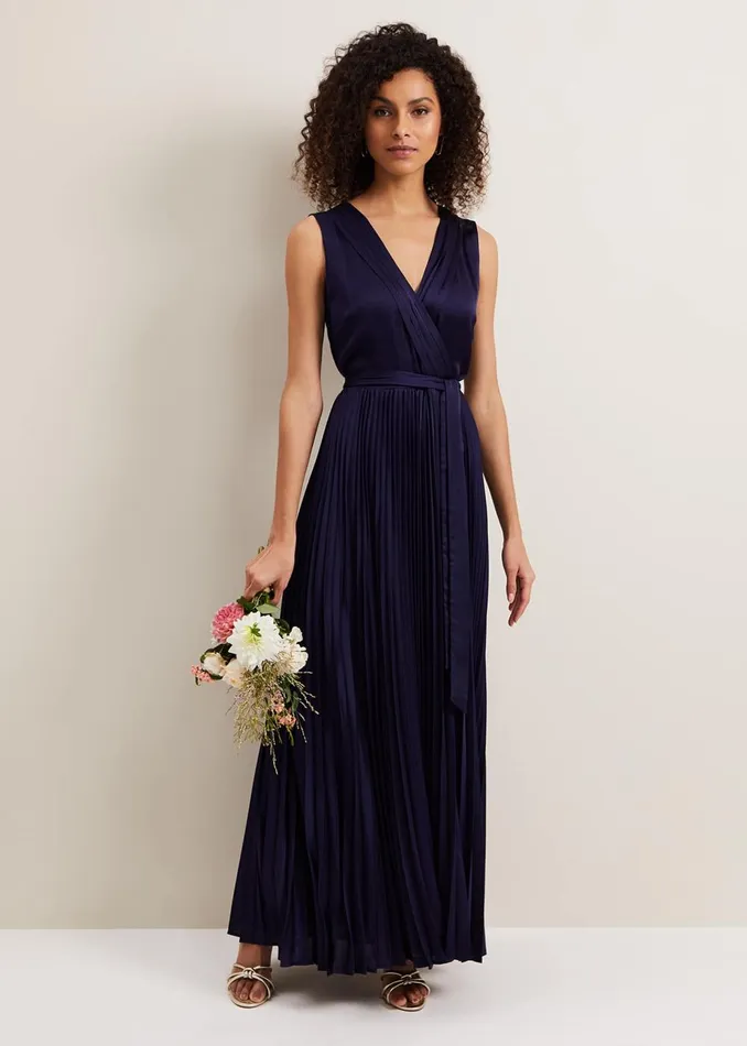 Women Phase Eight Occasion Dresses Bonnie Pleat Wrap Satin Maxi Dress Navy