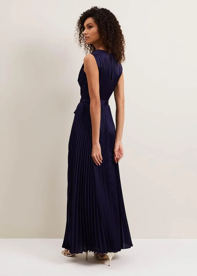 Women Phase Eight Occasion Dresses Bonnie Pleat Wrap Satin Maxi Dress Navy