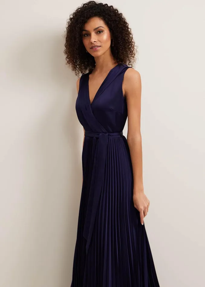 Women Phase Eight Occasion Dresses Bonnie Pleat Wrap Satin Maxi Dress Navy