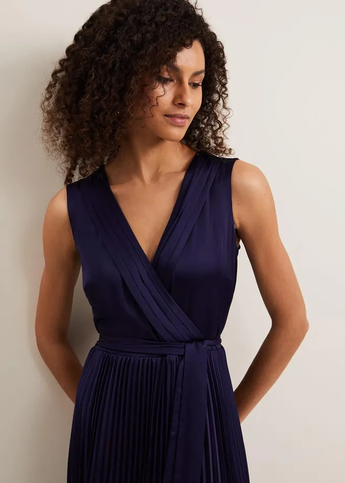 Women Phase Eight Occasion Dresses Bonnie Pleat Wrap Satin Maxi Dress Navy