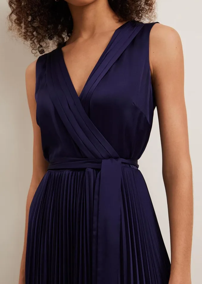 Women Phase Eight Occasion Dresses Bonnie Pleat Wrap Satin Maxi Dress Navy
