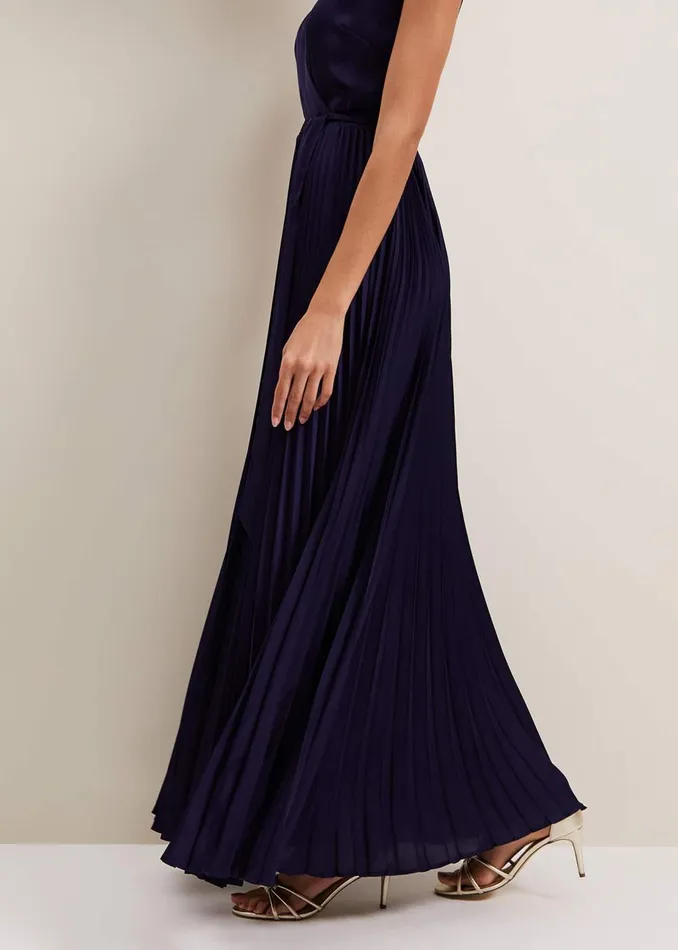 Women Phase Eight Occasion Dresses Bonnie Pleat Wrap Satin Maxi Dress Navy