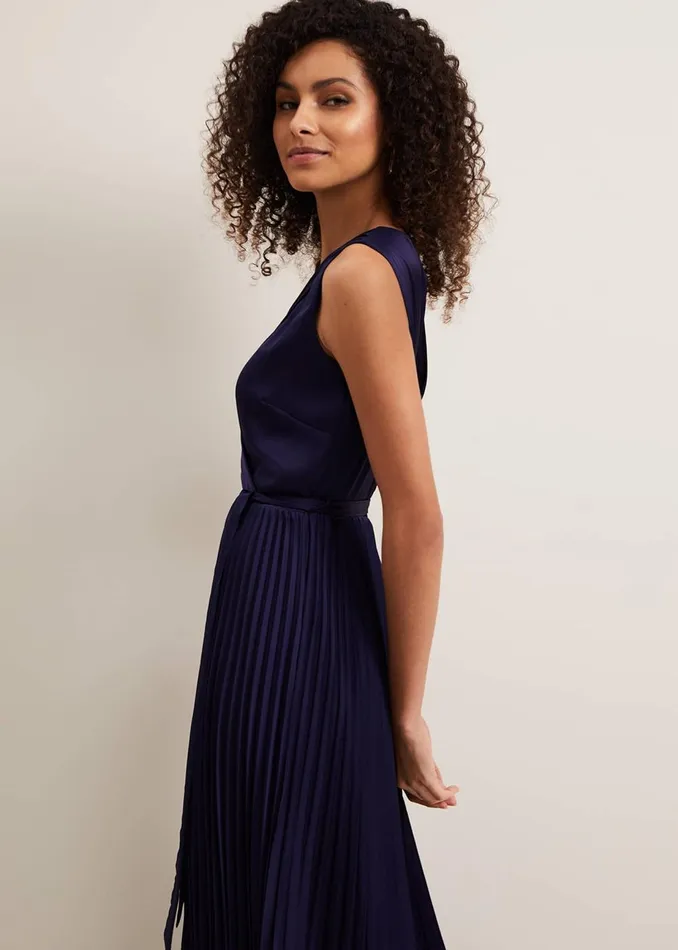 Women Phase Eight Occasion Dresses Bonnie Pleat Wrap Satin Maxi Dress Navy