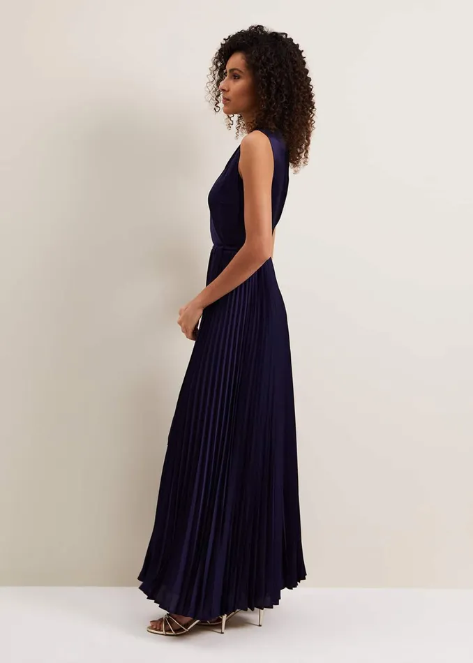 Women Phase Eight Occasion Dresses Bonnie Pleat Wrap Satin Maxi Dress Navy