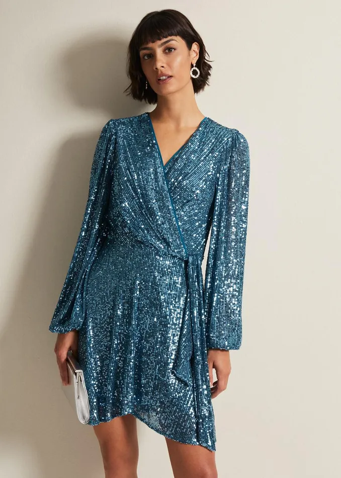 Women Phase Eight Occasion Dresses Carissa Teal Sequin Wrap Mini Dress Teal