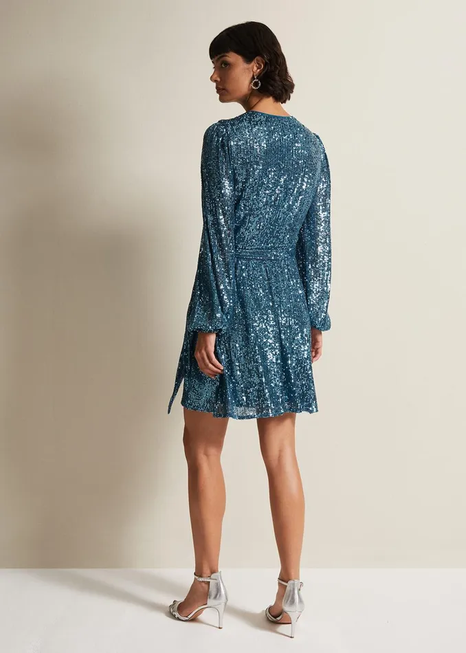 Women Phase Eight Occasion Dresses Carissa Teal Sequin Wrap Mini Dress Teal