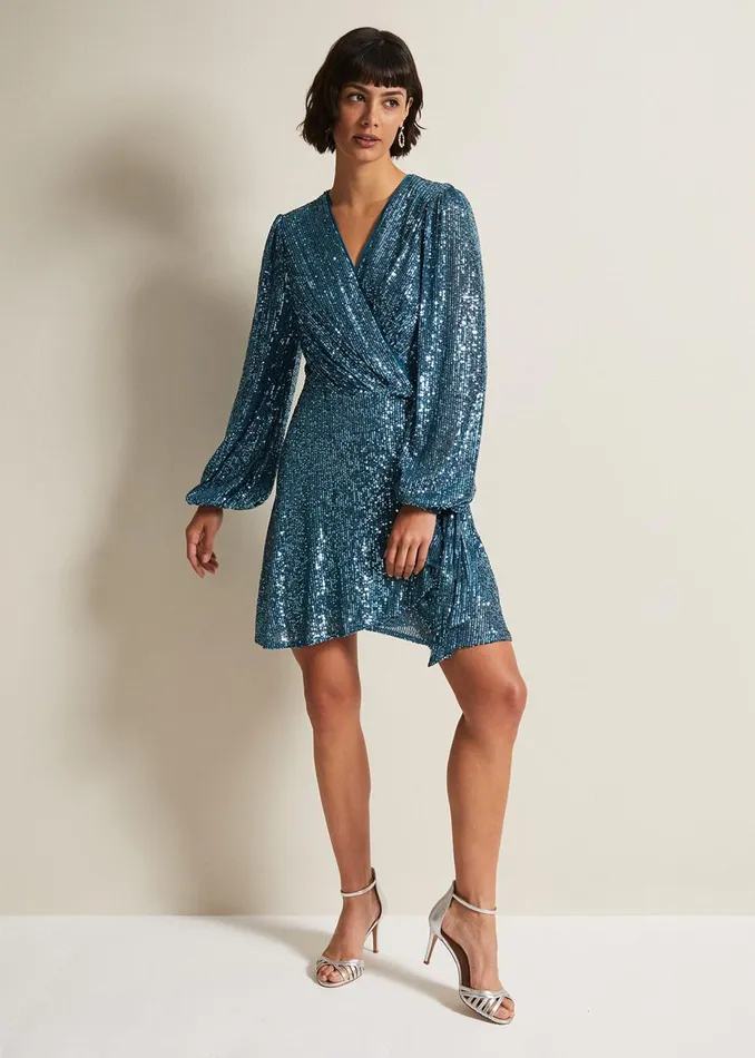 Women Phase Eight Occasion Dresses Carissa Teal Sequin Wrap Mini Dress Teal