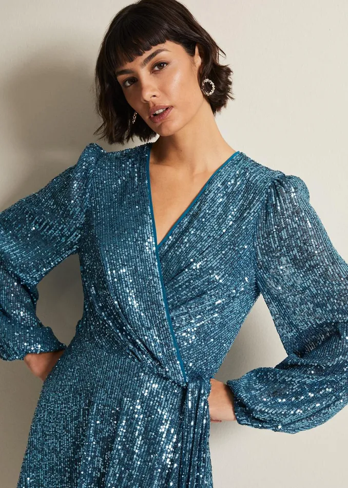 Women Phase Eight Occasion Dresses Carissa Teal Sequin Wrap Mini Dress Teal