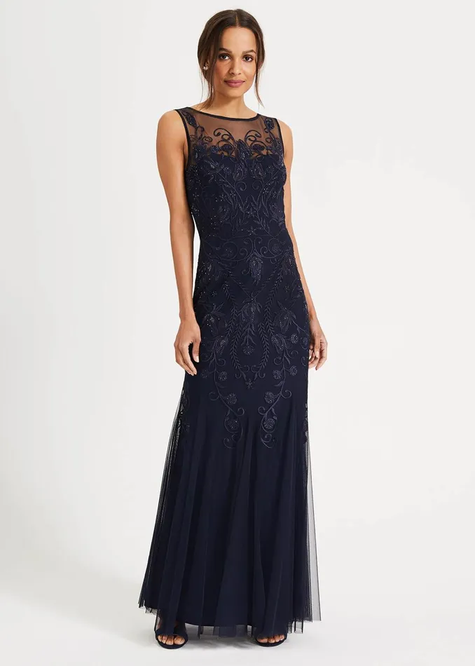 Women Phase Eight Occasion Dresses Cecilia Embroidered Maxi Dress Navy