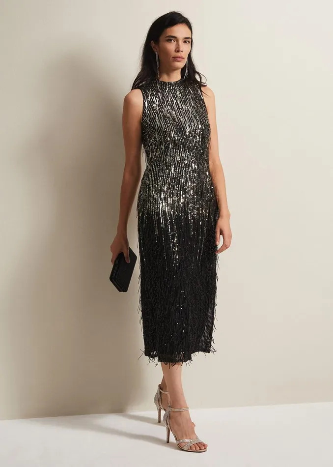 Women Phase Eight Occasion Dresses Clover Sequin Fringe Maxi Dress Black