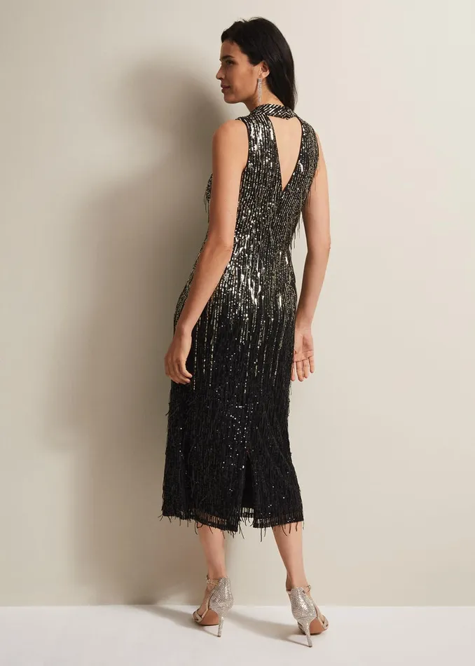 Women Phase Eight Occasion Dresses Clover Sequin Fringe Maxi Dress Black