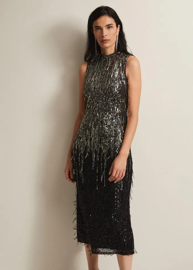 Women Phase Eight Occasion Dresses Clover Sequin Fringe Maxi Dress Black