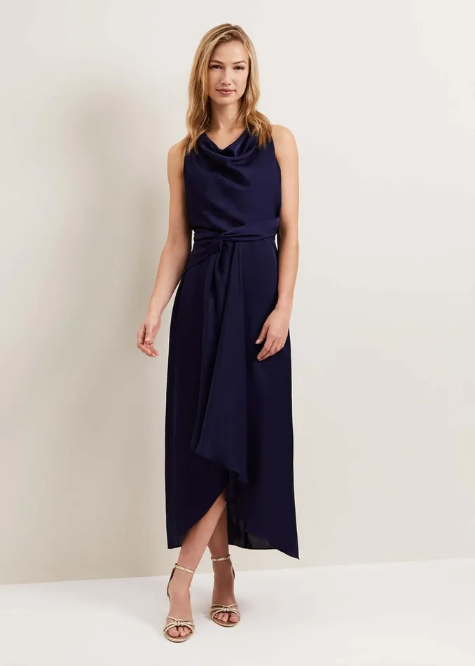 Women Phase Eight Occasion Dresses Daliah High Neck Satin Midi Dress Navy