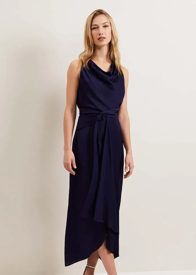 Women Phase Eight Occasion Dresses Daliah High Neck Satin Midi Dress Navy